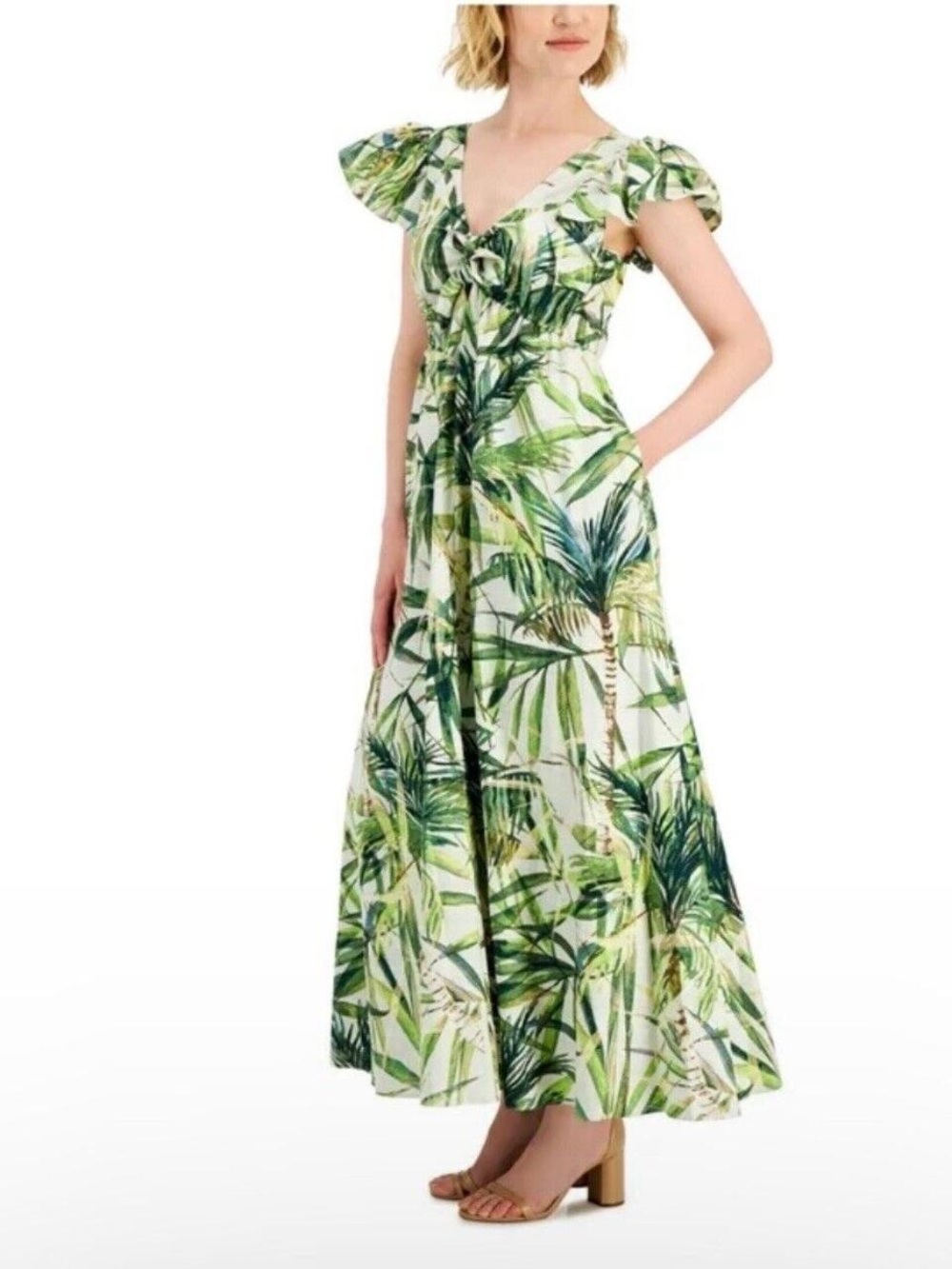 Taylor White Smocked Lined Tropical Print Maxi Dress with Flutter Sleeves | 12